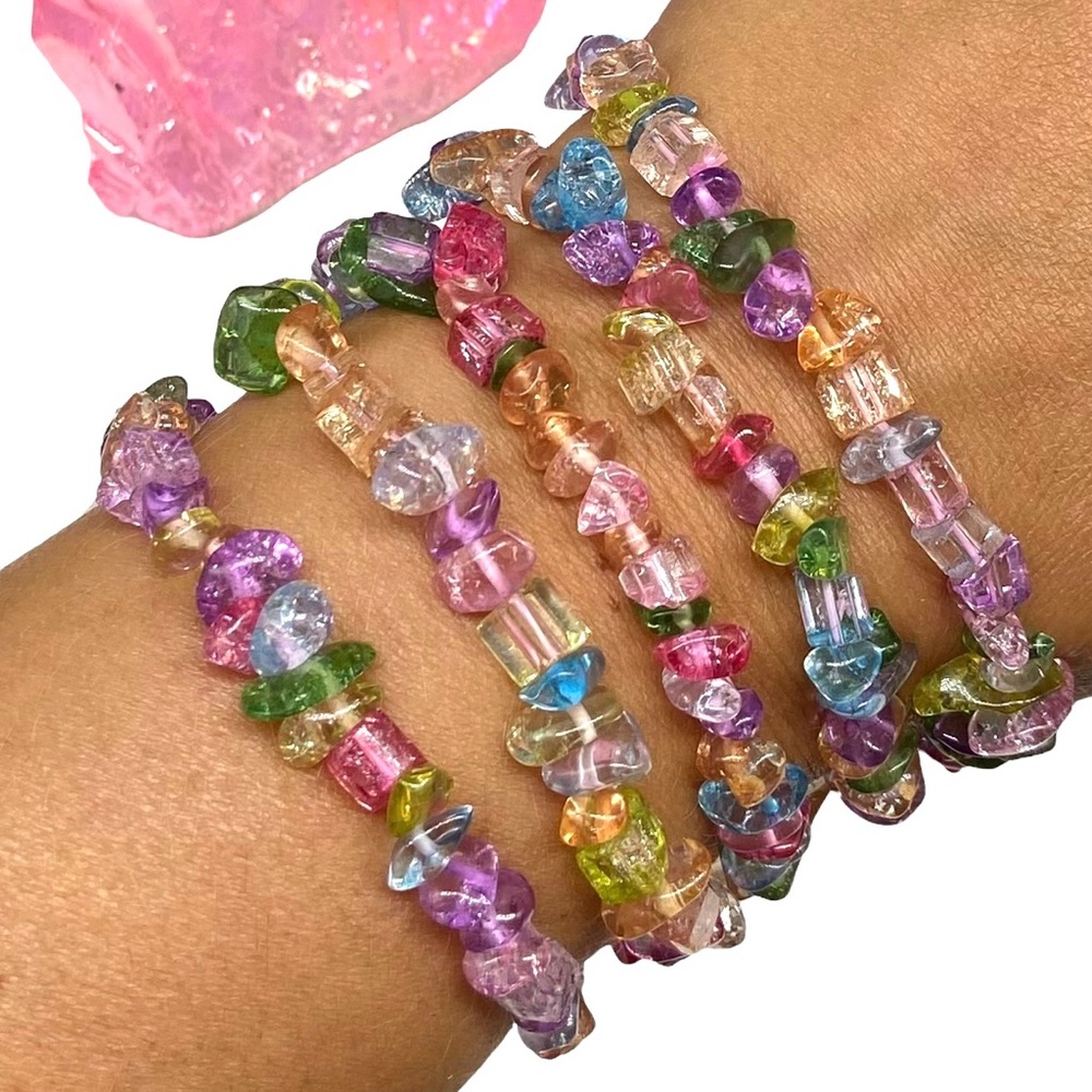 Flower Quartz Beaded Stretch Bracelet Natural Stone Chip Beads Chips Pink Purple